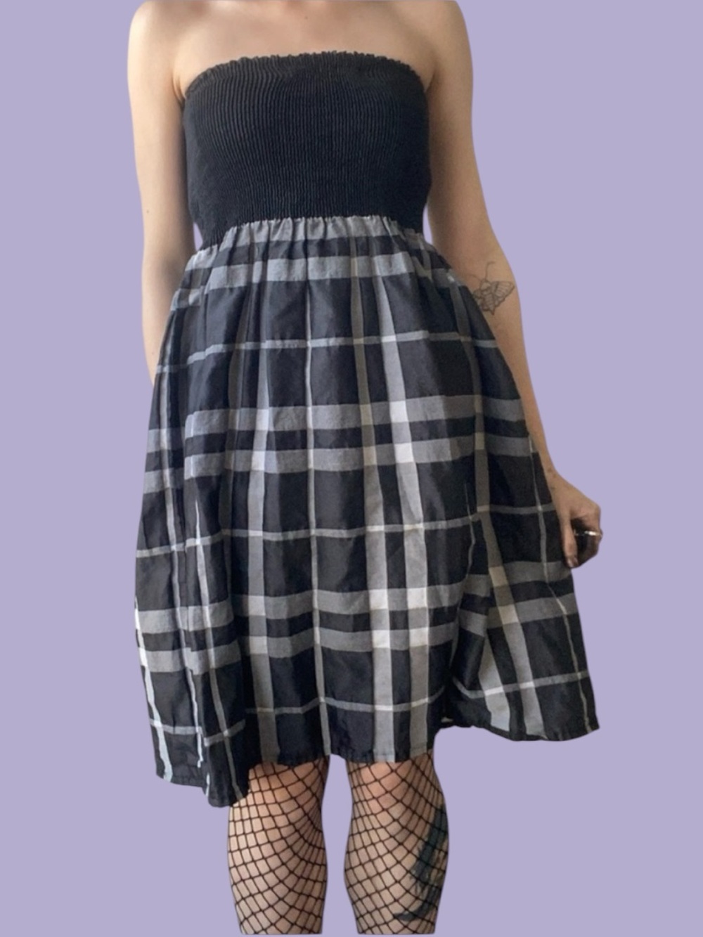 Zara Like New Black Gray Plaid Strapless Mini Dress